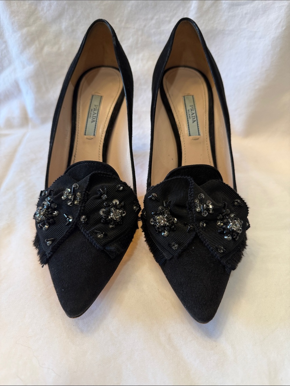 Prada Black Embellished Pointed-Toe Pumps - Picture 2 of 9